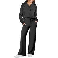 Autumn Winter Womens Two Piece Tracksuit Outfit Half Zip Lapel Sweatshirt and Wide Leg Pants with Pockets for Daily Wear