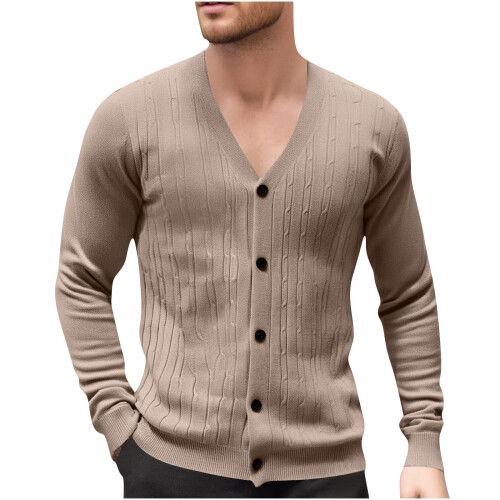 Ανδρικό Μονόχρωμο Πλεκτό Ζακέτα με V-Neck, Σχέδιο Ζακάρ, Μακρυμάνικο Πουλόβερ, 1