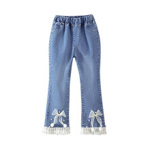 Girls' Wide Leg Bell Bottom Jeans with Glitter Beads Bow,