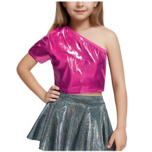 Girls One-Shoulder Short-Sleeve Shiny Dance Crop Top