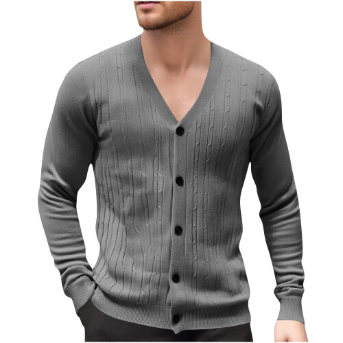 Ανδρικό Μονόχρωμο Πλεκτό Ζακέτα με V-Neck, Σχέδιο Ζακάρ, Μακρυμάνικο Πουλόβερ, 1