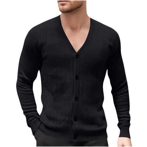 Ανδρικό Μονόχρωμο Πλεκτό Ζακέτα με V-Neck, Σχέδιο Ζακάρ, Μακρυμάνικο Πουλόβερ, 1