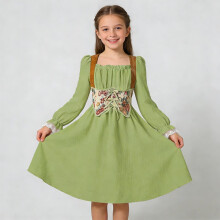 Rochie de printesa pentru fete, cu mâneci lungi, cu mâneci bubble, din dantelă, cu papion și imprimeu floral, stil elegant de prințesă