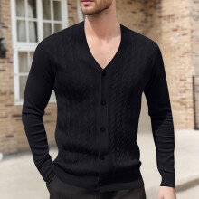 Ανδρικό Μονόχρωμο Πλεκτό Ζακέτα με V-Neck, Σχέδιο Ζακάρ, Μακρυμάνικο Πουλόβερ,