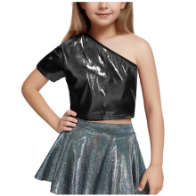 Girls One-Shoulder Short-Sleeve Shiny Dance Crop Top