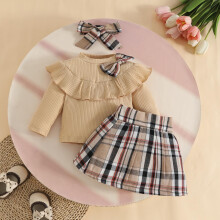 Conjunto para Bebê Menina com Blusa com Babados e Saia Xadrez com Laço, Mangas Longas Caneladas e Faixa de Cabelo – Roupa Outono/Inverno