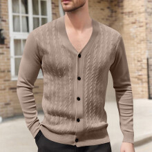 Ανδρικό Μονόχρωμο Πλεκτό Ζακέτα με V-Neck, Σχέδιο Ζακάρ, Μακρυμάνικο Πουλόβερ,