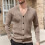 Ανδρικό Μονόχρωμο Πλεκτό Ζακέτα με V-Neck, Σχέδιο Ζακάρ, Μακρυμάνικο Πουλόβερ, 1