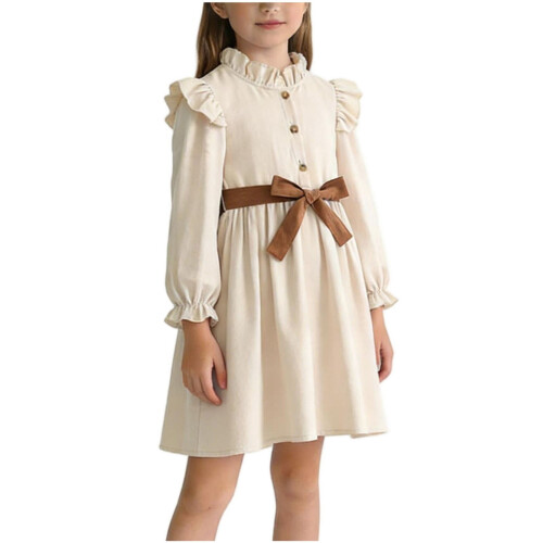Women's Solid Long Sleeve V-Neck Bow Dress 1