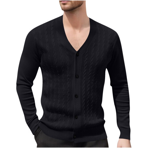 Ανδρικό Μονόχρωμο Πλεκτό Ζακέτα με V-Neck, Σχέδιο Ζακάρ, Μακρυμάνικο Πουλόβερ, 1