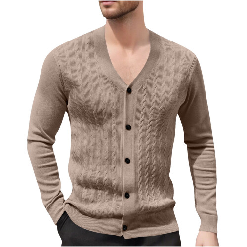 Ανδρικό Μονόχρωμο Πλεκτό Ζακέτα με V-Neck, Σχέδιο Ζακάρ, Μακρυμάνικο Πουλόβερ, 1