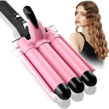 3-Barrel Curling Iron Hair Crimper, Dual Voltage, Adjustable Temp, Ceramic 1" Waver – Birthday Gift for Women, Compatible with US/UK/EU