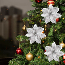 10-Pack 5.5" Silver Christmas Flower Ornaments - Clip-On Tree Decor Set, Glam Holiday Party Supplies, Reusable Plastic Flowers