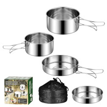 HDUWEN Set of 4 Camping Stainless Steel Cookware,Compact Pots and Pans Set,for Camping, Backpacking, Outdoor Cooking and Picnic
