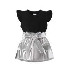 Kids' 2-Piece Outfit Set Black Ribbed Top and Silver Skirt