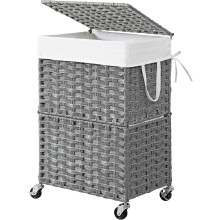90L Slim Rolling Laundry Hamper with Lid & Removable Liner, Handwoven Rattan Organizer for Bedroom/Bathroom/Laundry Room (Grey)