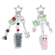 Cute Pink Fuzzy Cat Keychain Set (2PCS) – Y2K Aesthetic Bag/Purse Charms, Compatible with Guitar & Flowers Designs