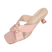 Pink Square Toe Pearl Sandals for Women – Strappy Dressy Heels, Comfortable Party Shoes, EU 43 / UK 7.5 / US 9.5