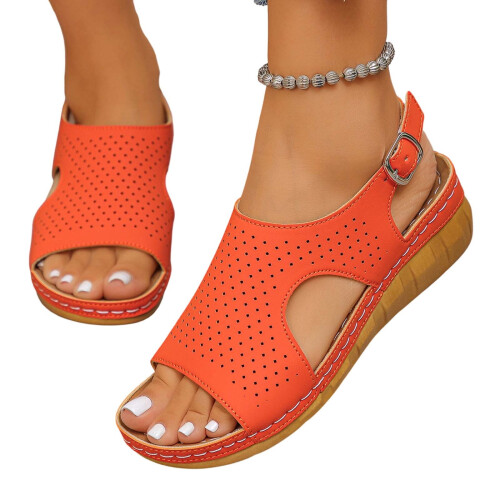 Women's Orange Wedge Sandals Peep Toe Thick Sole