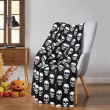 GoodGram Ultra-Soft Skull Print Flannel Throw Blanket - Plush, Cozy & Halloween-Themed for Autumn Decor, 280gsm, Black with White Skull Design