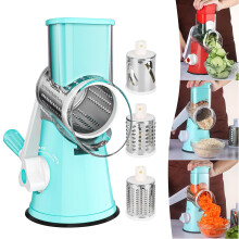 Rotary Cheese Grater Hand Crank Cheese Shredder for Fresh Cheese, Vegetable, Nuts,Non-slip Suction Base, Free Cleaning Brush Three Blades, Blue