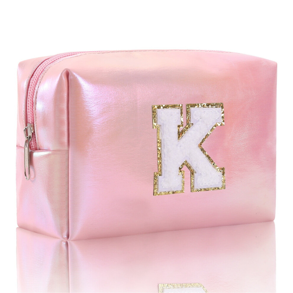 Large Embroidered Makeup Bag - Alphabet Monogram Travel Cosmetic Organizer, Toiletry Clutch with Zipper, Durable Storage