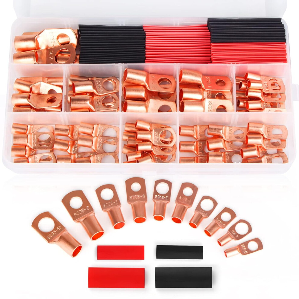 Copper Wire Lugs & Heat Shrink Set: 64Pcs Ring Terminals + 66Pcs Tubing (130Pcs), For Awg12-2, Compatible With Standard Battery Cables 9170372287536