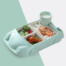 Car Shaped Children's Tableware Set - Fiber Dinner Tray with Separate Plates, Cutlery and Water Cup for Boys and Girls - Light Green