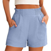 Pantaloncini da donna in garza di lino con elastico in vita, blu, taglia S