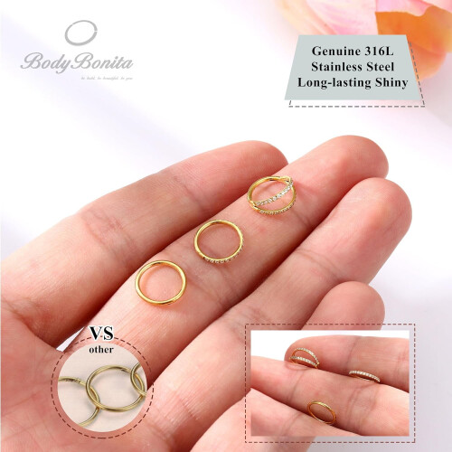 3 τεμάχια ρινικοί κρίκοι 16G/18G/20G, χειρουργικοί κρίκοι από ατσάλι 316L με CZ, για 1