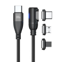 90 rätvinklig magnetisk laddningskabel, 100 W snabbladdning och datasynkronisering, trippel magnetisk spets (typ-C/kompatibel med Apple/Android),