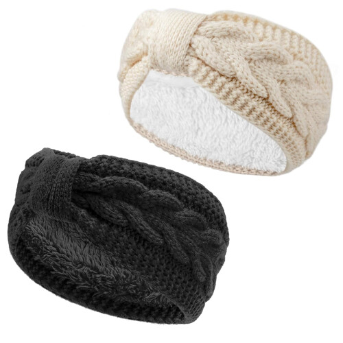Bandeau d'hiver en maille torsadée doublé de fourrure (2 pièces)