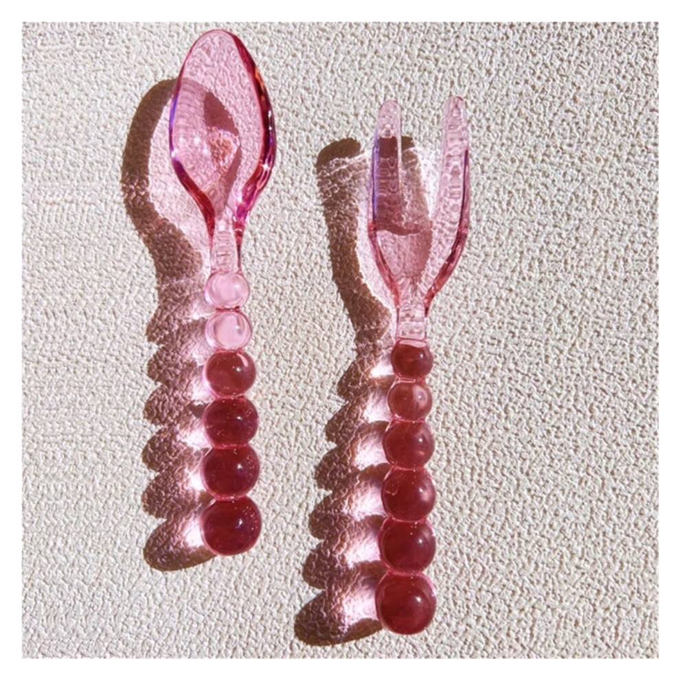 2 Pcs Glass Spoons Fork, Glass Stirring Teaspoons, Glass Beads Mini Dessert Spoons Green/Pink