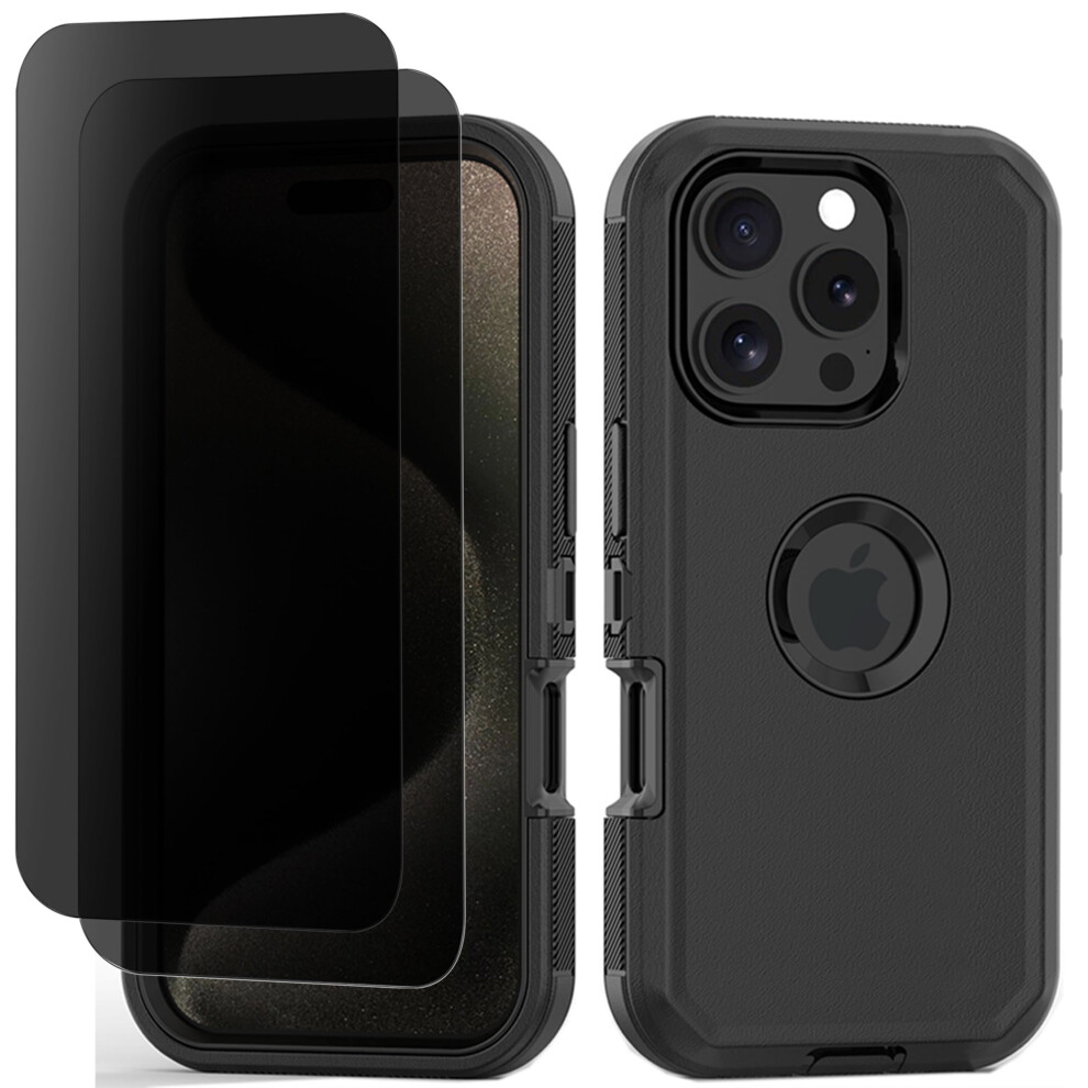 Phone Case For Compatible With Iphone 16 Pro Heavy Duty Shockproof Dustproof Case With Privacy Screen Protector Tempered Glass, / Black 9165521838318