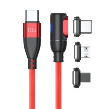 Câble de charge magnétique à 90 de 1 m, charge rapide 100 W et synchronisation des données, triple embout (Type-C/compatible Apple/Android),