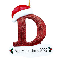 Christmas Letter Ornaments 2025,Personalized Initial White Glitter Letters Hat Ornaments,Merry Christmas Pendant for Xmas Tree Wedding Home Decor (D)