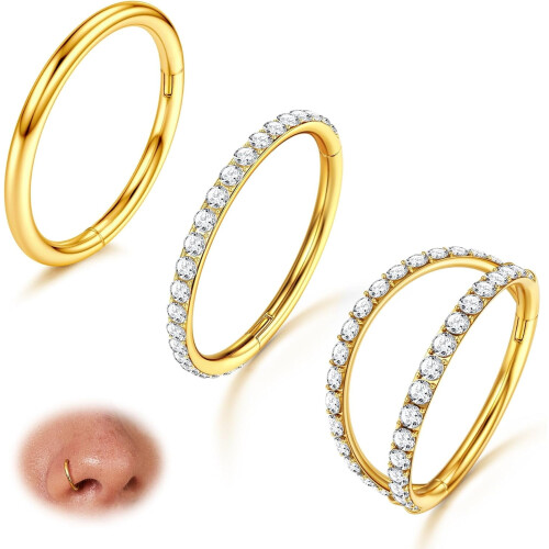3 τεμάχια ρινικοί κρίκοι 16G/18G/20G, χειρουργικοί κρίκοι από ατσάλι 316L με CZ, για