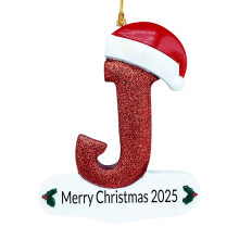 Christmas Letter Ornaments 2025,Personalized Initial White Glitter Letters Hat Ornaments,Merry Christmas Pendant for Xmas Tree Wedding Home Decor (J)
