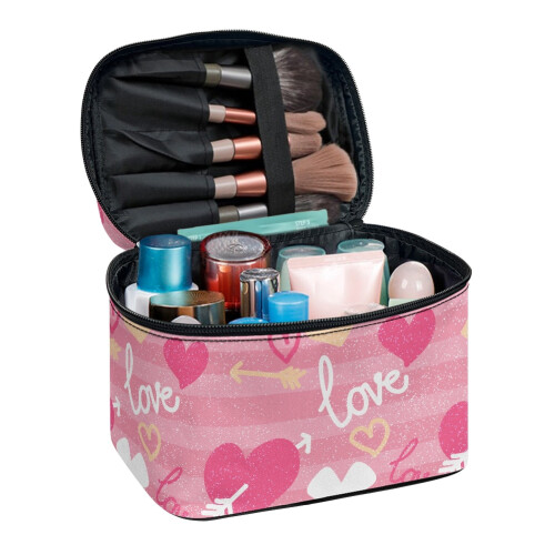 Tragbare Kosmetiktasche mit Herzmuster und Pinselfächern