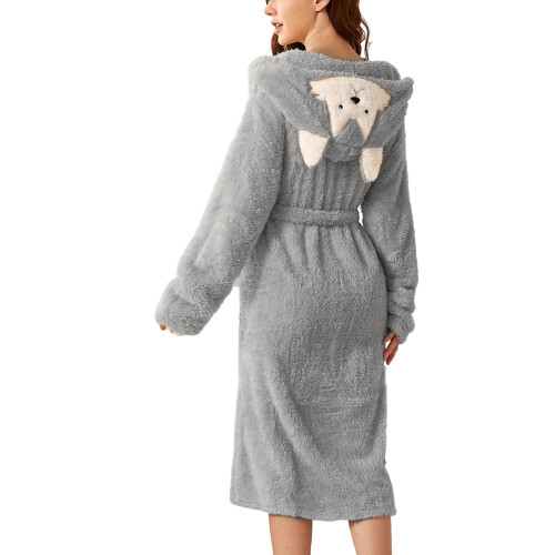 Women's Fleece-Lined Solid Color Robe With Pocket & Ear Cap - Gray Size L 1