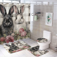 4-Pc Shower Set w/ Non-Slip Rug, Toilet Cover & Bath Mat – Black/White Plaid, Rabbit & Flower Design, Waterproof – Compatible with Standard