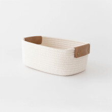 Small Cotton Woven Basket with Leather Handle – for Baby Clothes, Toys, Candy, Laundry, Pet Bed; Compatible with Home & Bathroom Use