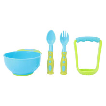 4-Piece Baby Food Masher & Serve Set – Food‑Grade PP, BPA‑Free, Non‑Slip, Built‑In Fork & Spoon, Blue & Green Infant Feeding Bowl