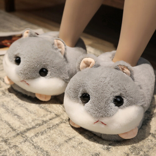 (Grey Hamster) Plush Rabbit Slippers with Thick Sole