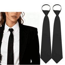 2Pcs Black Tie 3.15” Adjustable Pre-tied Necktie for Women Solid Color Neck Tie Girl Zipper Ties for Business Uniforms