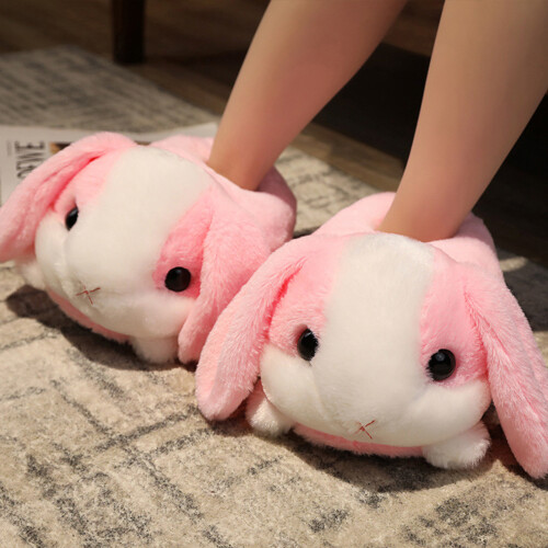 (Pink Rabbit) Plush Rabbit Slippers with Thick Sole