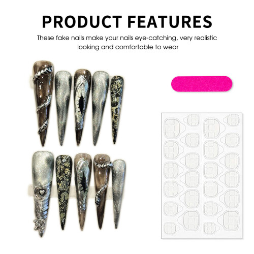 (3179 Extra Long Tip, S) Steampunk Silver Black False Nails 10 Pcs 1
