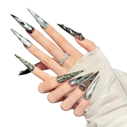 (3179 Extra Long Tip, S) Steampunk Silver Black False Nails 10 Pcs 2