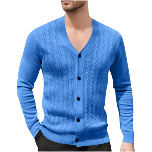 Ανδρικό Μονόχρωμο Πλεκτό Ζακέτα με V-Neck, Σχέδιο Ζακάρ, Μακρυμάνικο Πουλόβερ, 1