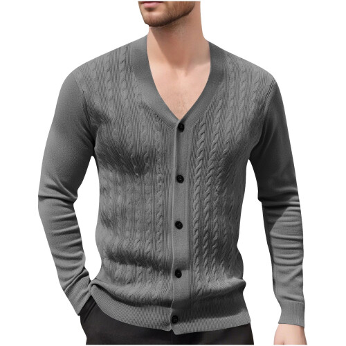 Ανδρικό Μονόχρωμο Πλεκτό Ζακέτα με V-Neck, Σχέδιο Ζακάρ, Μακρυμάνικο Πουλόβερ, 1